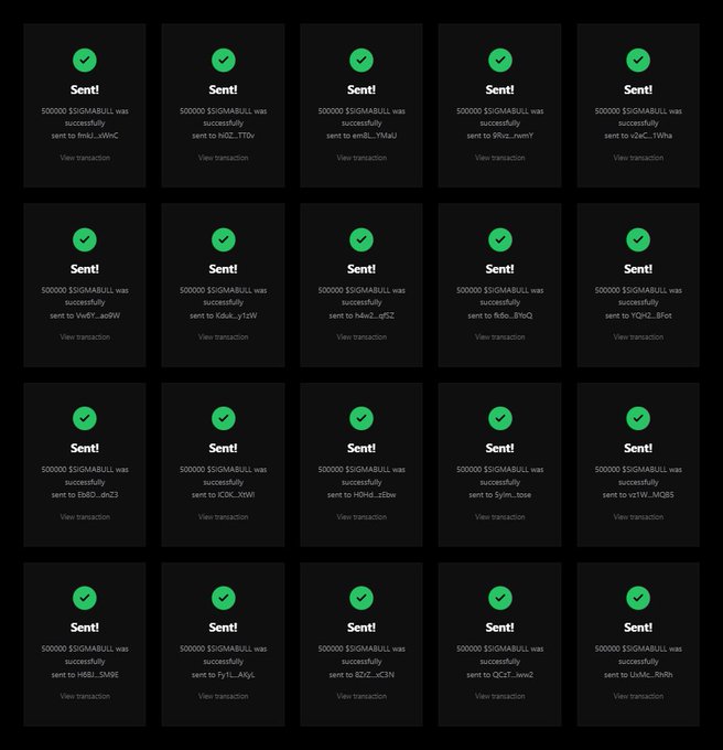 The image displays 20 identical confirmation screenshots, each showing a successful transaction of 500,000 $SIGMABULL sent to various wallet addresses (such as fmZ...xkHC, HOZ...7T0v, and YGH6...tVHa), with green checkmarks and "View transaction" links. This appears to be a collage of proof-of-payments intended to lend legitimacy to a $SIGMABULL airdrop claim, though the multiple identical-format successes are a common visual tactic seen in crypto giveaway scams.