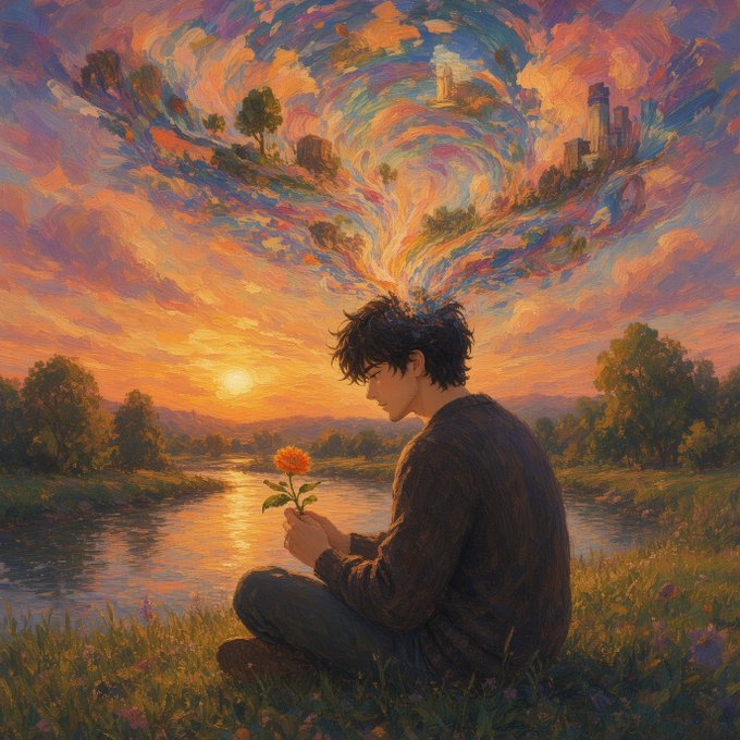 An impressionistic painting in the style of Van Gogh showing a young man sitting on grass by a river at sunset, holding an orange flower, with swirling colorful clouds above him containing floating elements of nature and cityscapes.