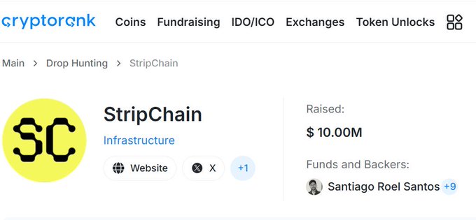 A CryptoRank profile page for StripChain, an Infrastructure project that has raised $10.00M with Santiago Roel Santos listed as a backer, providing funding details relevant to the project's public testnet launch on Arbitrum Sepolia.