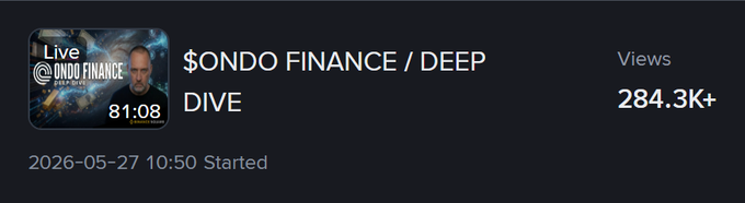The image features a black background with white text that reads "Live @Ondo Finance Deep Dive". The text also includes the names of the hosts, who are named "Sondoo Finance" and "Dive", along with the date and time when the video was posted, which is "2026-05-27 10:50".