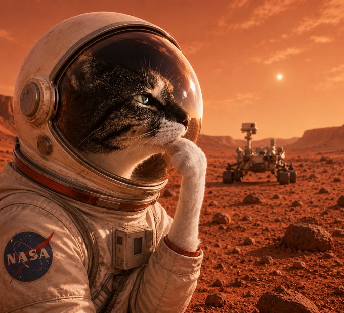 A tabby cat wearing a NASA spacesuit poses thoughtfully on a Mars-like red landscape, with the iconic NASA logo visible on the suit and a rover in the background. The image cleverly plays on the "$HMM" ticker by depicting the cat in a contemplative "hmm" pose, symbolizing the post's suggestion to think about the rising cat-themed crypto token.