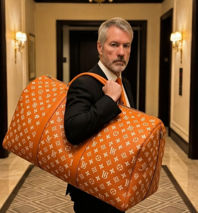 An older man in a suit carries a massive orange duffel bag covered in white monogram patterns, standing in a hotel hallway.