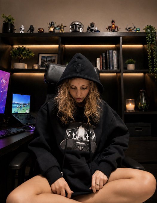 The image features a woman sitting cross-legged with her legs folded, wearing a hooded sweatshirt that has a graphic of a cat on it. She appears to be looking at something or someone behind her. The background includes a computer desk with a laptop and keyboard, as well as several potted plants placed around the room. There is also a book visible in the scene.

The image seems to be related to a post about web3 products, as indicated by the caption "I need more web3 merch as good as this @moonbirds hoodie Send me things". The woman's outfit and the presence of potted plants suggest that she might have an interest in gaming or technology-related items.