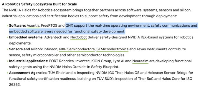 **Caption:** A graphic titled "A Robotics Safety Ecosystem Built for Scale" outlines NVIDIA Halos for Robotics partners, including Acontis, FreeRTOS and QNX for software, Advantech and NexCobot for embedded systems, sensors from Infineon, NXP, STMicroelectronics, and Texas Instruments, industrial applications from FORT Robotics, Inventec, KION Group, Lyte AI, and Neuraheim, and assessment by TÜV Rheinland and TÜV SÜD.

**Relation to post:** The image highlights NVIDIA's expansive Halos robotics safety ecosystem, reinforcing the $BB (BlackBerry) QNX bull case since QNX is explicitly listed as a key safety operating environment partner, supporting its positioning as a high-upside play in the robotics sector.