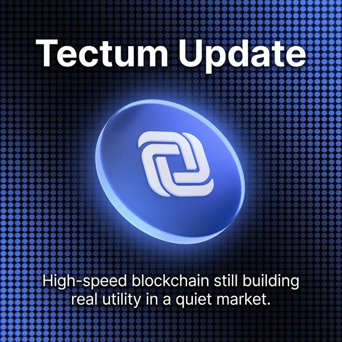 A graphic titled 'Tectum Update' with a blue logo and the text 'High-speed blockchain still building real utility in a quiet market.'