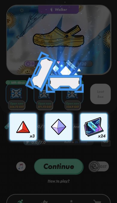 A screenshot of a mobile game interface, appearing to be "STEPN," showing rewards obtained including triangular gems (x3), a purple gem, and energy crystals (x24), with "Walker" sneakers displayed at the top and a "Continue" button.
