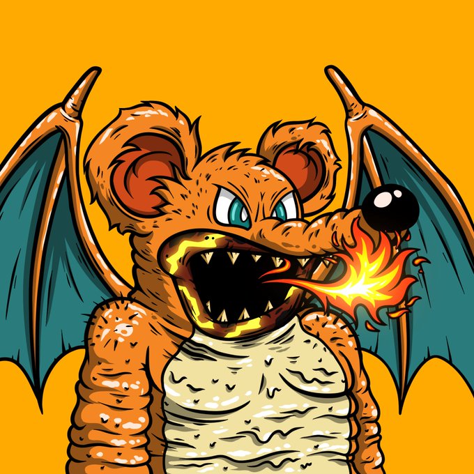 A digital illustration of an orange, bat-winged dragon-like creature breathing yellow and red fire against a yellow background.