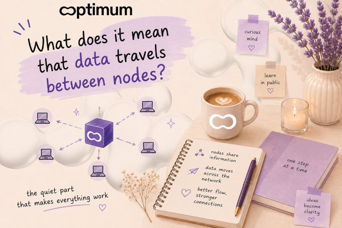 The image features a desk with various items such as books, a laptop, a cup of coffee, and some flowers. The main focus of the image is a book titled "What does it mean that data travels between nodes?" along with other notes or instructions related to blockchain technology. The text in the image suggests that there might be a connection between these elements, possibly indicating an explanation or interpretation of how data travels within a network using the concept of blockchain.