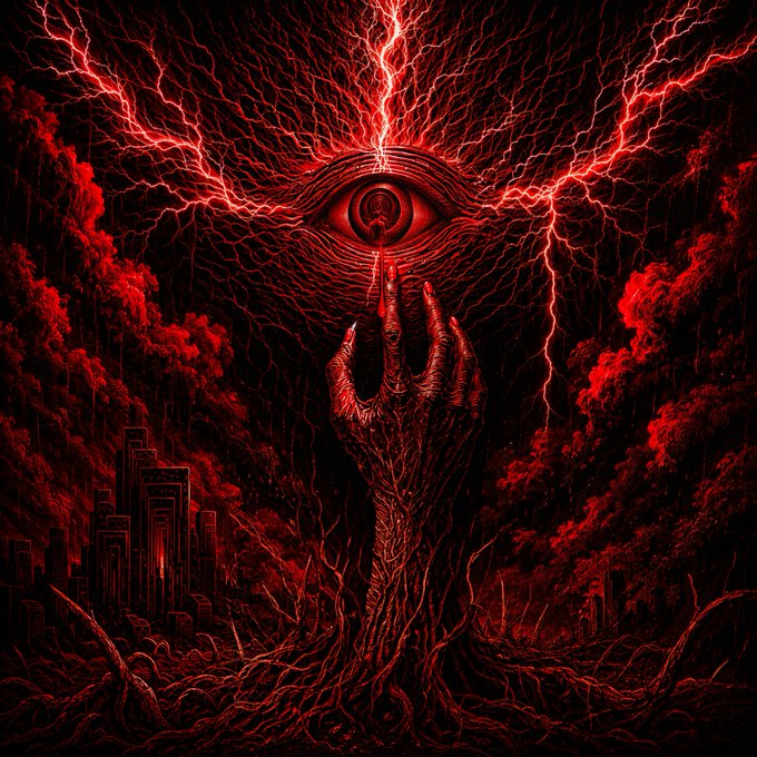 A dark red, stylized artwork featuring a hand reaching upward toward a large eye, with lightning bolts and a city skyline in the background.
