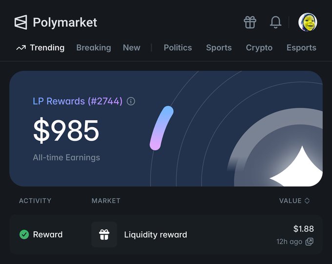 A Polymarket dashboard showing $985 in all-time LP Rewards (#2744) and a recent $1.88 liquidity reward.