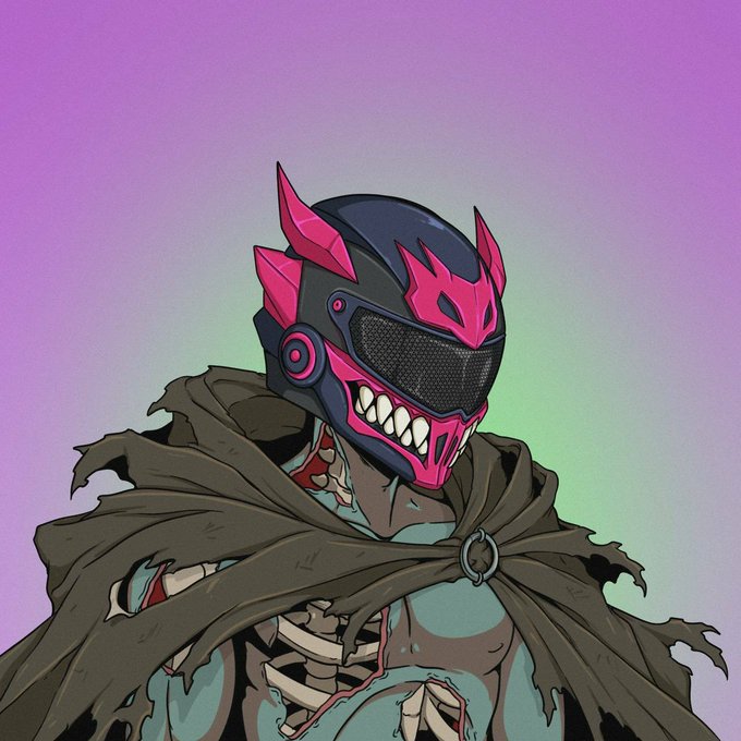A digital illustration of a character wearing a black and magenta demonic-style helmet with a toothy grin, draped in a tattered dark cloak over a turquoise outfit against a purple-to-green gradient background.