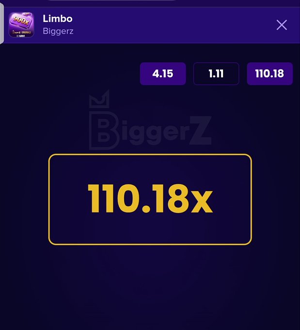 A BiggerZ Originals "Limbo" game result screen showing recent multipliers of 4.15, 1.11, and a standout 110.18x highlighted in a yellow-bordered box on a dark purple background.