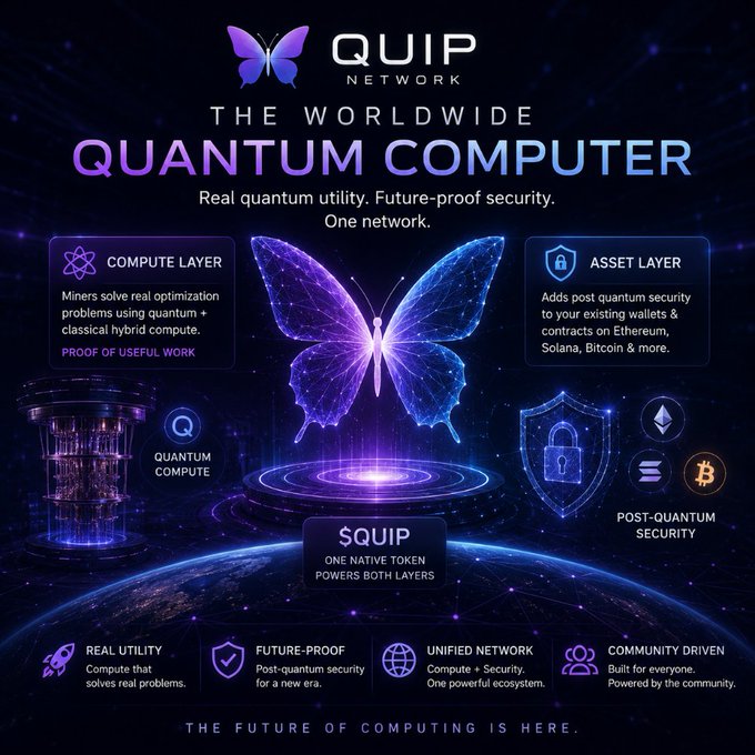 The image features a poster for Quip's Quantum Computer project. The poster displays various elements related to the project, such as a butterfly, a computer screen, and a globe. It also includes text that explains the concept of quantum computing and its potential impact on the future of computing. The post mentions that Quip is creating infrastructure that combines quantum-powered computing with post-quantum security, which could be seen as an early attempt to address the challenges posed by the future of computing.

The poster highlights how Quip Network is working towards building a worldwide Quantum Computer and emphasizes its focus on both the technological advancements and the security aspects of this cutting-edge technology.