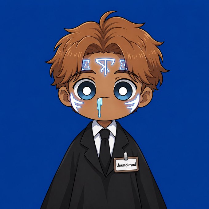 A cartoon character with brown hair and blue eyes wearing a black suit, featuring painted face markings, a nosebleed, and a name tag that reads 'Unemployed'.