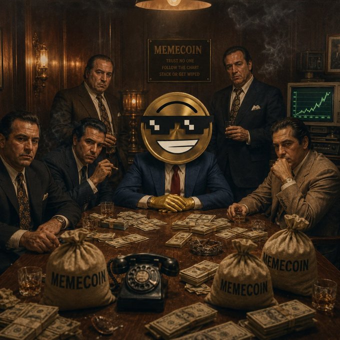 A retro-styled illustration depicts a group of mafia-style figures seated around a table strewn with cash and burlap sacks labeled "MEMECOIN," with a central figure sporting a pixelated sunglasses smiley emoji and a wall plaque reading "MEMECOIN: TRUST NO ONE, FOLLOW THE CHART, STACK OR GET WIPED." The image humorously ties to the post by portraying a clandestine "board meeting" of crypto kingpins strategizing ahead of Memecoin Summer.