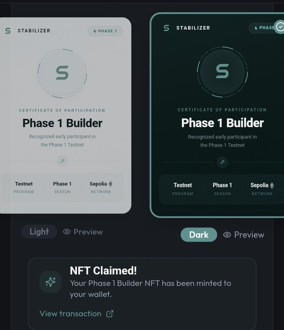 A digital interface showing 'Phase 1 Builder' Certificates of Participation in both Light and Dark themes, with a notification reading 'NFT Claimed! Your Phase 1 Builder NFT has been minted to your wallet.'