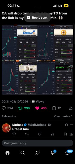 A Twitter screenshot showing a post about a crypto alpha call group with token charts (BASECAT, CLANCY, SANSEM visible), featuring 354 replies, 299 retweets, 436 likes, and a reply from user @SolMufasa saying "Drop it fam," relating to the promotion of a Telegram trading channel.