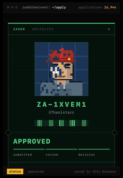 A screenshot of a "ZADDR WHITELIST" approval page displays a pixel art avatar with the address "ZA-1XVEM1" (@Thanistarr) marked as "APPROVED," with a header showing 16,944 applications—visually confirming the poster's excitement about being among the 2,800 approved faces on Zcash.