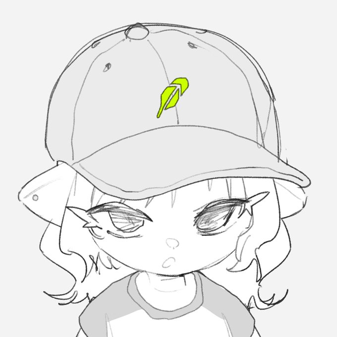 A pencil sketch of an anime-style character wearing a backwards baseball cap with a green logo, with shaggy hair and a slightly bored expression.