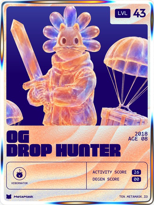 This image is a MetaMask digital trading card featuring a translucent "OG DROP HUNTER" character holding a sword and flower medallion, with a Level 43, Age 08 (2018) designation. The card commemorates the user's early crypto journey, displaying a "Hibernator" trait alongside an Activity Score of 26 and Degen Score of 00, reflecting their longstanding involvement in airdrops and DeFi since MetaMask's early days.