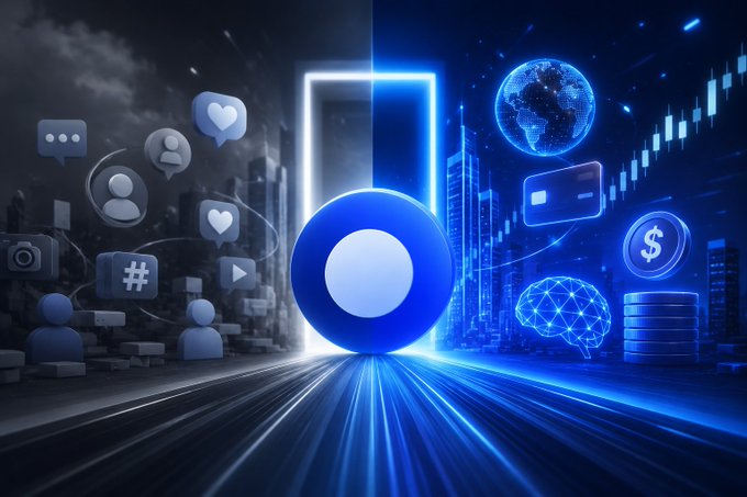 A blue-toned digital illustration split between social media icons on the left and financial/AI symbols (globe, dollar sign, brain, charts) on the right, centered around a portal shape.