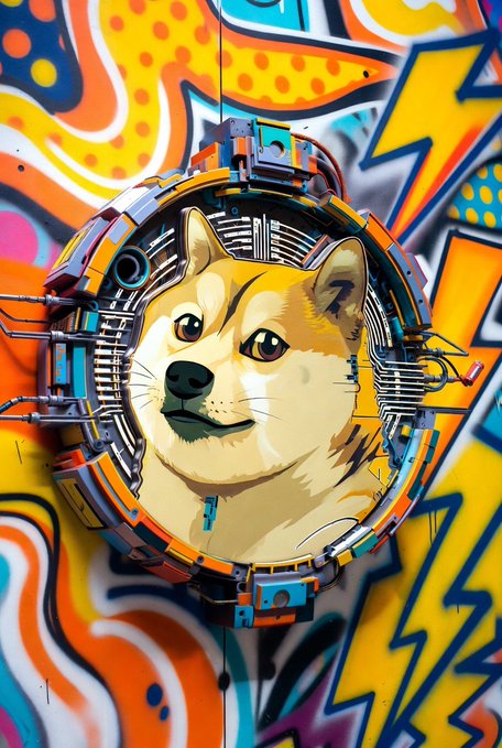 The image features a cartoon dog with a yellow face, positioned inside a circle or frame that has been painted with graffiti-like patterns of orange, blue, green, purple, and yellow colors. The background behind the dog's head is also covered in these vibrant colors, creating an artistic and eye-catching scene. The caption "Dogecoin" is written below this image, indicating its connection to a popular cryptocurrency called Dogecoin.