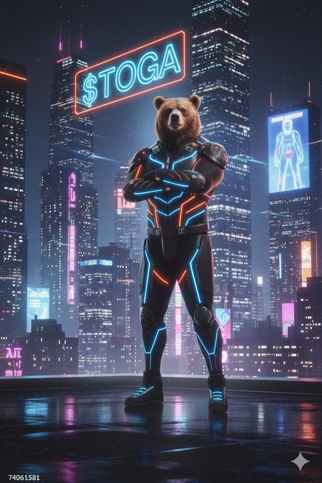 A digital illustration depicts an anthropomorphic bear wearing a futuristic black suit with glowing blue and red lines, standing in a neon-lit cyberpunk cityscape beneath a '$TOGA' sign.