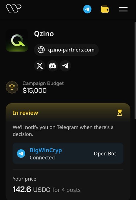 The image showcases an open screen of a mobile device, displaying a page from a social media platform. The main focus of the display is a message that reads, "In review Qzino partners". This message highlights the recent launch or launch event related to the Qzino cryptocurrency. There are several mentions and terms associated with this event, such as 'Campaign Budget' and '15K', which might imply its significance in the crypto space. Additionally, there is an invite to apply for four posts on the platform, suggesting it could be a promotional tool for businesses or individuals involved in the cryptocurrency world. The screen also displays other relevant content related to the Qzino community, such as a message about 'BigwinCry' and its connection to the Bitcoin blockchain.