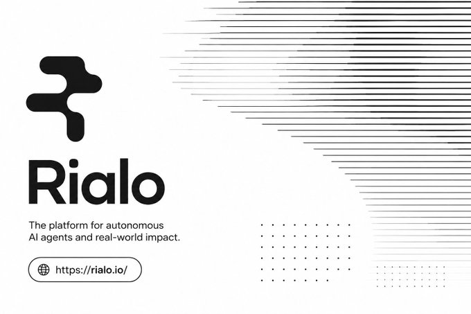 The image displays the Rialo logo—a stylized black geometric "F"-like symbol—alongside the tagline "The platform for autonomous AI agents and real-world impact," a dot-grid graphic, and the URL https://rialo.io/. It ties into the post by visually representing Rialo's branding as a platform focused on integrating AI agents with real-world applications, aligning with the discussion of rebuilding Web3 around seamless, experience-driven functionality rather than blockchain-centric performance.