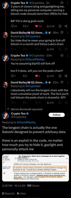 A screenshot of a Twitter/X thread where Crypto Tea and David Bailey debate forking Bitcoin, with Crypto Tea mentioning a 'bitcon node' exploit and Satoshi's design.