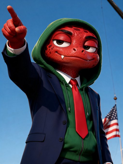 A 3D-rendered red reptilian character wearing a green hoodie, navy suit, and red tie points dramatically upward with an American flag visible in the background.