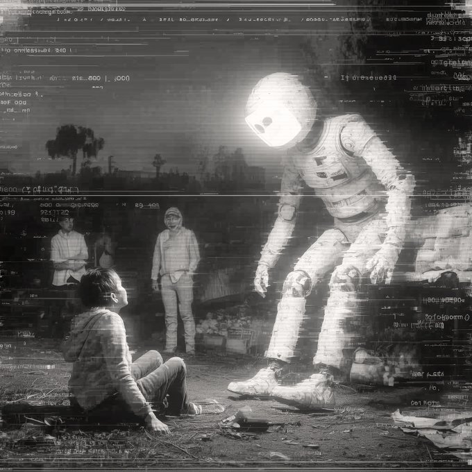 A black and white, glitch-style image showing a large astronaut figure looming over a seated person, with other figures in the background and digital text overlay.