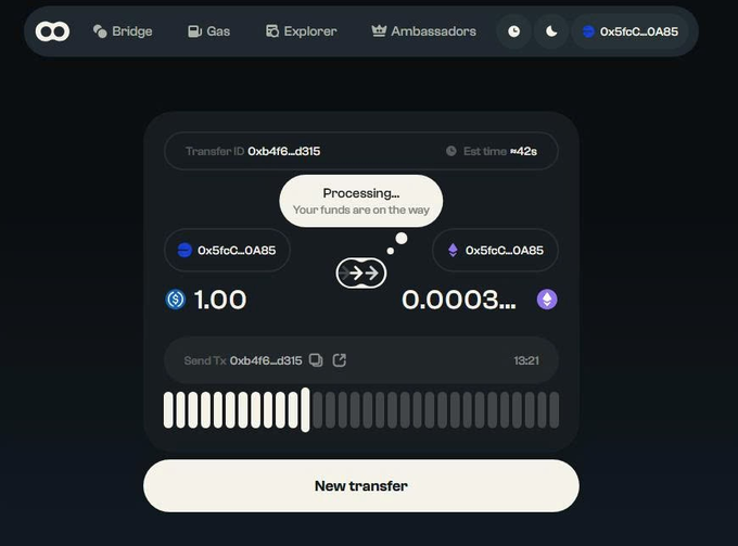 A cryptocurrency bridge interface showing a transaction in 'Processing...' state with funds being transferred from address 0x5fc0...0A85 to 0x5fc0...0A85, displaying 1.00 SUI to 0.0003... transfer.