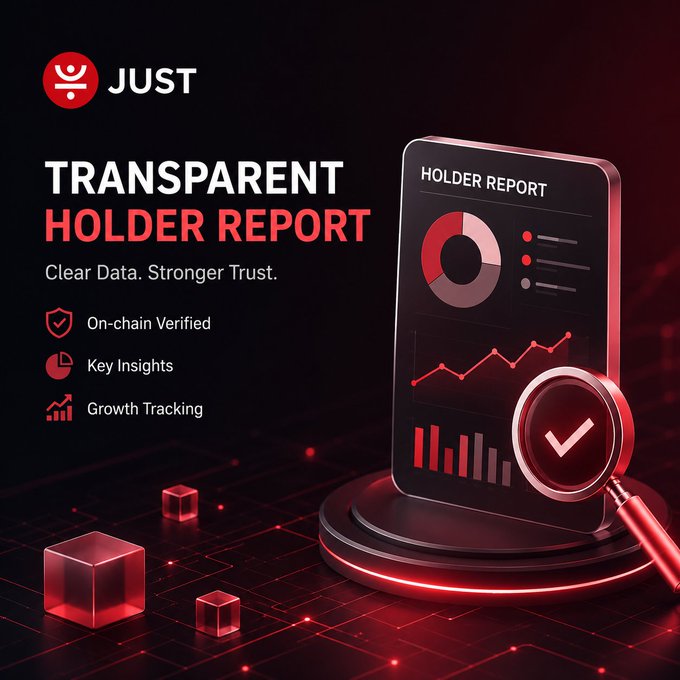 A sleek promotional graphic for JUST (JST) featuring a digital "Holder Report" dashboard displaying charts and graphs, alongside a magnifying glass with a checkmark symbol. The text highlights "TRANSPARENT HOLDER REPORT" with the tagline "Clear Data. Stronger Trust," along with key features: "On-chain Verified," "Key Insights," and "Growth Tracking" — visually reinforcing the post's message about JST's commitment to transparent, verifiable reporting of protocol performance and tokenomics.