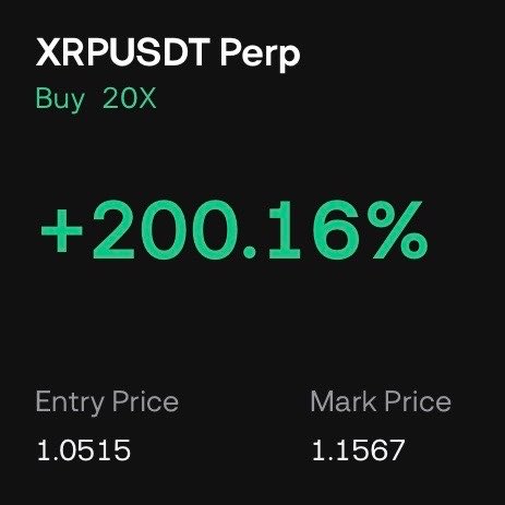 The image shows a screenshot of a leveraged XRPUSDT perpetual futures position displaying a +200.16% gain with 20X leverage, featuring an entry price of 1.0515 and a mark price of 1.1567. This relates to the post about "The Big XRP Long" by visually highlighting the substantial unrealized gains on the long position, aligning with the ambitious "Generational Wealth" target.