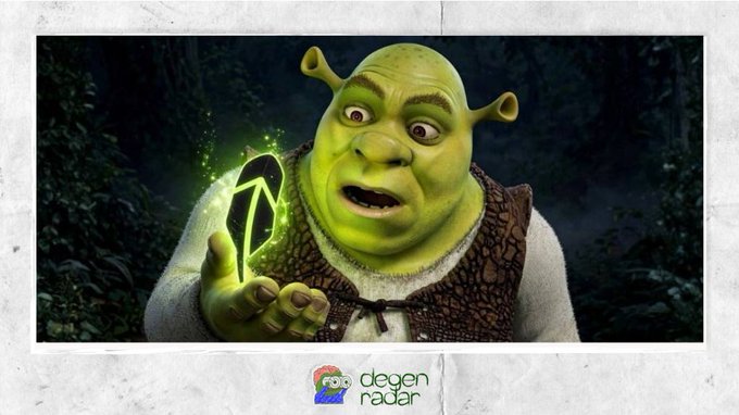 The image shows Shrek holding a glowing green leaf with a surprised expression, branded with the "degen radar" logo at the bottom. This visual relates to the post by featuring the iconic Shrek character to promote the $SHREK meme coin on the Robinhood Chain.
