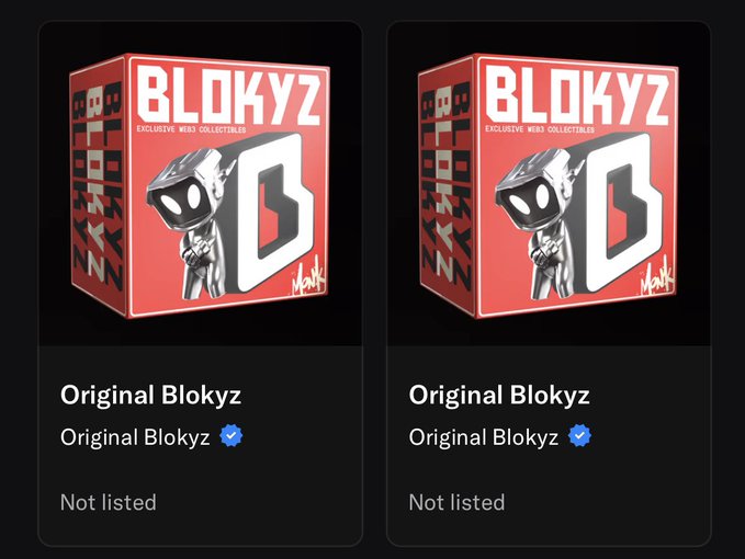 Two identical digital collectibles titled 'Original Blokyz' by artist 'blank' are displayed in red boxes with a 3D character design, both showing 'Not listed.'