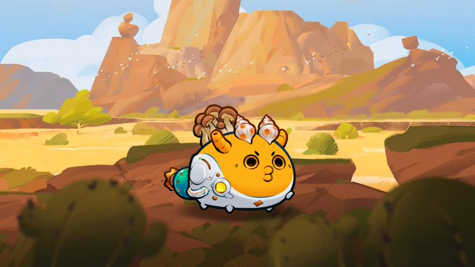 The image features an orange, cartoon-like creature with a white belly and yellow horns sitting atop a rock formation. The creature appears to be a small animal or fish-like creature, possibly a squid or octopus, given its unique appearance. In the background, there are mountains that add depth and context to the scene. The image also contains text elements such as "Mystic No. 7 secured! Courtesy from the kind @Jihoz_Axie who accepted my offer for more aesthetic pleasing mystics like this namek carrot trait.. (p.s. guys don't try he won't accept anymore offers) Terrariums launching in less than 25 hours.. will be making a few more swoops".