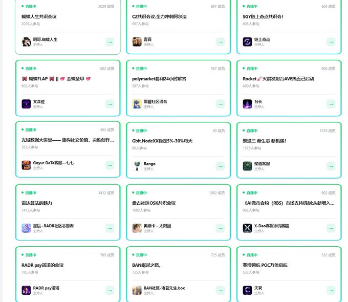 A grid of live Chinese online chat rooms or prediction markets, including topics like 'CZ认识会议', '蝶蝶人生共识会议', 'SBYY线上奇点共识会议', 'RWBF LAP', 'Rocket 火箭发射台AVEFH去已启动', and 'polymarket袁书仪24小时解答'.