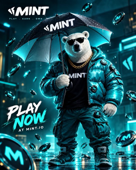 An advertisement for 'MINT' featuring the same polar bear character in a teal puffer jacket holding an umbrella with the 'MINT' logo. Floating coins surround the bear, with text reading 'PLAY . EARN . OWN', 'PLAY NOW AT MINT.IO', and 'MINT' branding throughout.