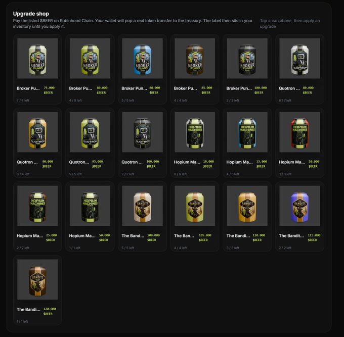 An 'Upgrade shop' interface from a Roblox-style game displays various items including 'Broker Punk', 'Quotron', 'Hopium Machine', and 'The Bandit' cans with $SEIX prices and left inventory counts.