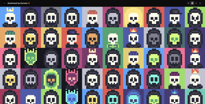 A grid of pixel-art skull portraits by Karmelo with various color schemes and accessories, titled 'Skullminati by Karmelo' in the top left.