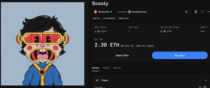 An NFT listing page for 'Scooty' from the Bored Ape Yacht Club collection, showing a cartoon character wearing a red and yellow helmet, priced at '2.30 ETH' with a 'BUY FOR' button.