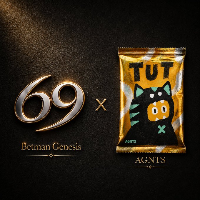 A promotional graphic showing a metallic '69' logo labeled 'Betman Genesis' next to a gold 'TUT' branded snack package labeled 'AGNTS' featuring a cartoon cat mascot.