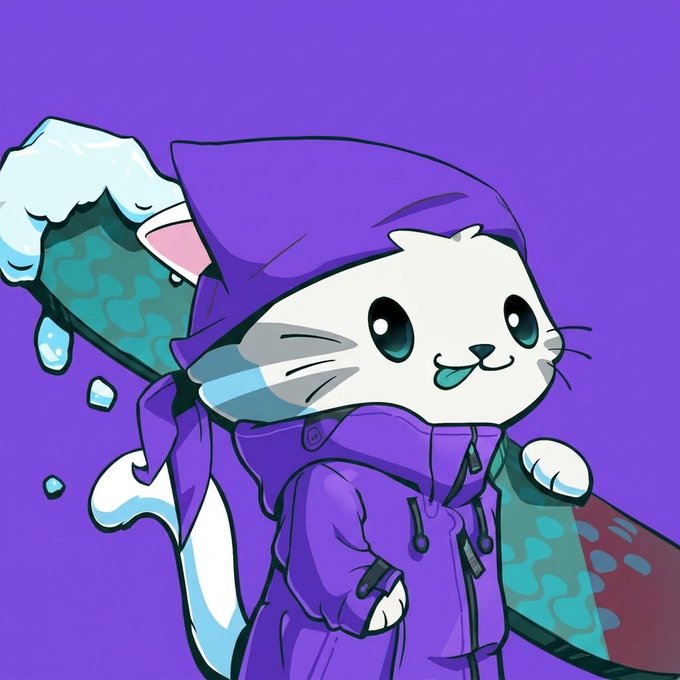 A digital illustration of a cute white cat character wearing a purple hoodie and holding a large, icy blue sword or staff against a purple background.
