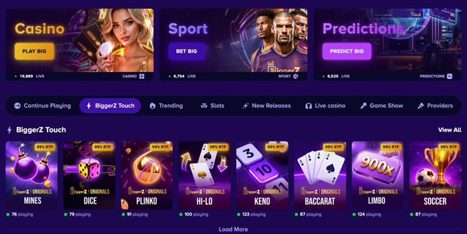 An online gambling and sports betting platform featuring sections for 'Casino', 'Sport', and 'Prediction', along with 'BiggerZ Touch' games like Mines, Dice, Plinko, Hi-Lo, Keno, Baccarat, Limbo, and Soccer.
