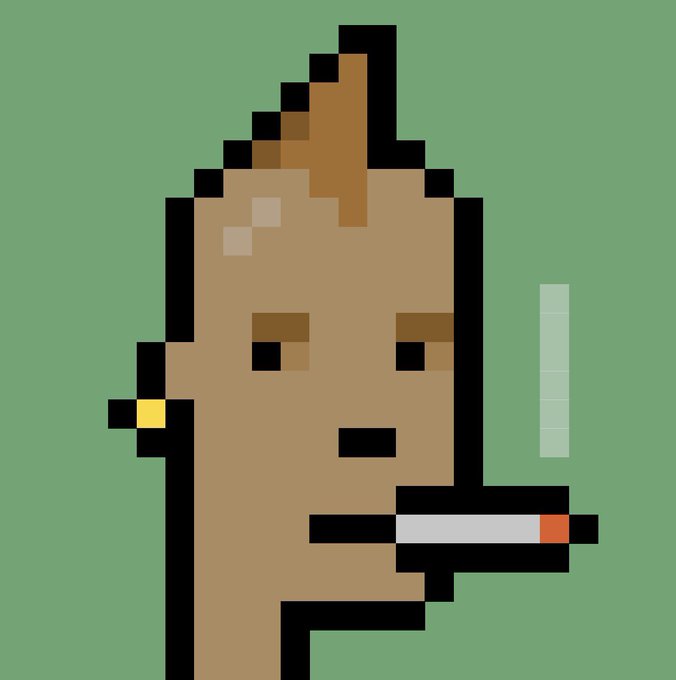 A pixel art illustration depicts a person with a mohawk and gold earring holding a cigarette against a green background.