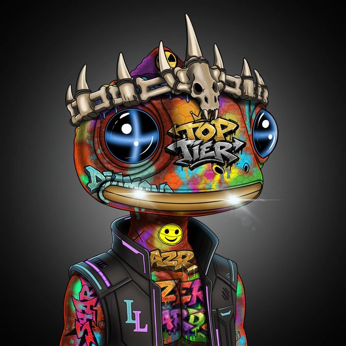 A colorful digital art illustration of a frog character wearing a spiked bone helmet and a jacket, with 'TOP TIER' text on its face.