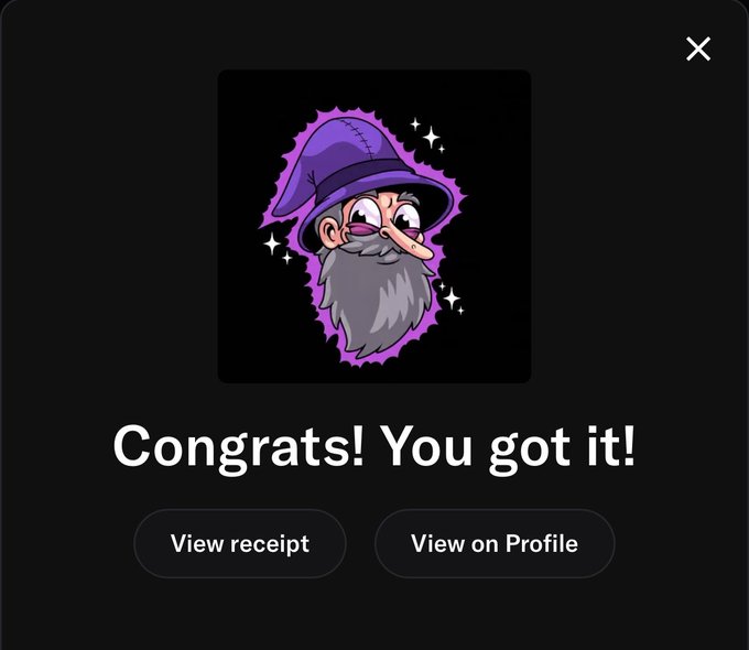 A pop-up notification displays a cartoon wizard with a gray beard and purple hat, with the text "Congrats! You got it!" and buttons to "View receipt" and "View on Profile."