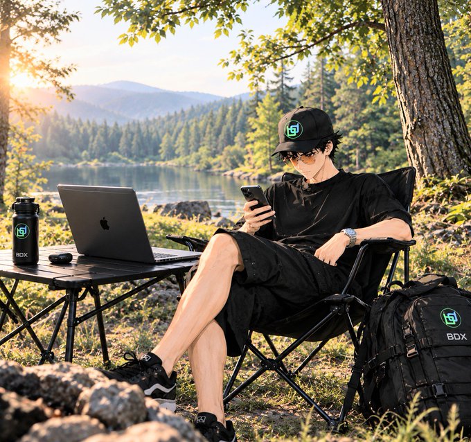 An AI-generated image of a young man in a cap and black clothing sitting in a camping chair by a lake, using a smartphone and laptop with 'BDX' branding.